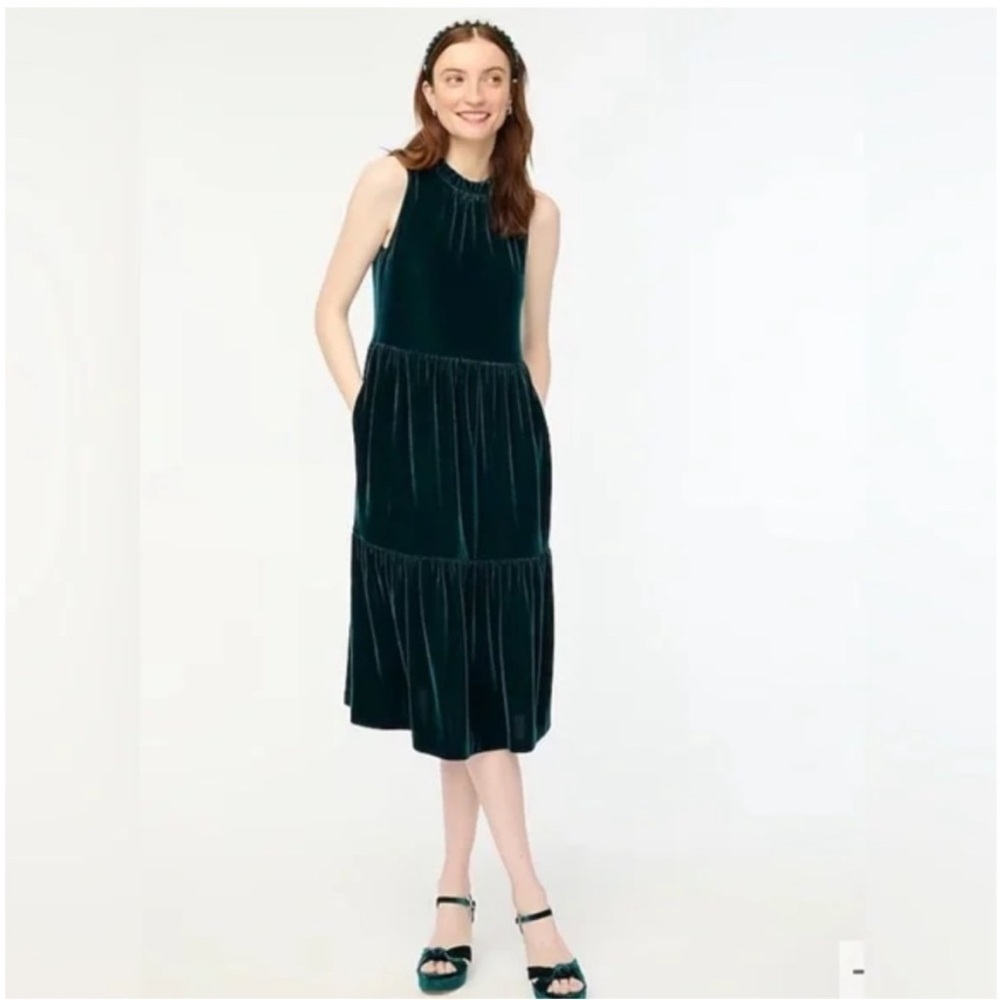 NWT J. Crew Velvet Tiered Midi Emerald Green Holiday Christmas Winter Ruffle